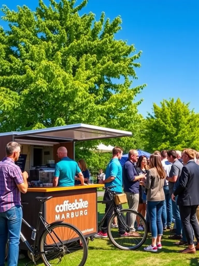 A high-quality photo of the Coffee Bike Marburg setup at an outdoor corporate event, with people enjoying coffee and networking.